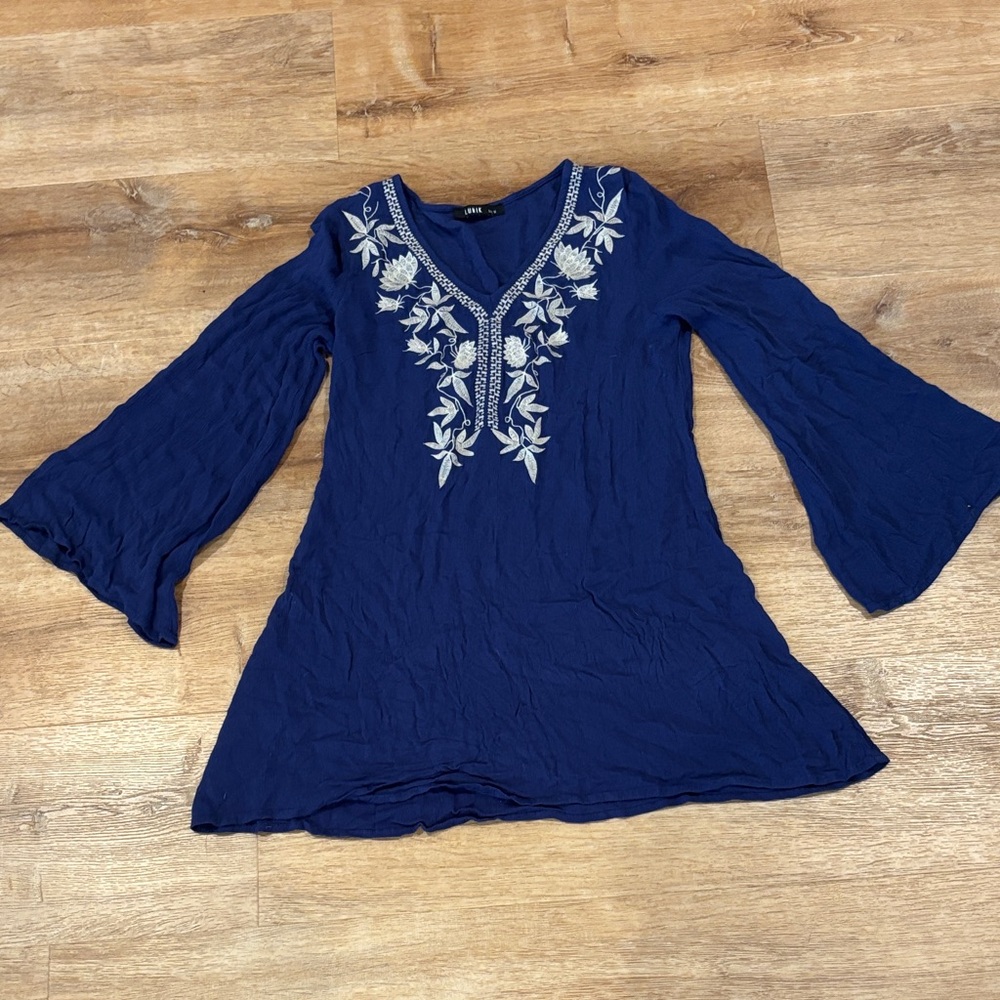 Blue Embroidered V-Neck Long Sleeve Dress